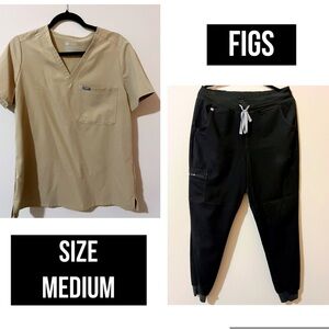Figs Khaki Scrub Top and Black Jogger Pants
